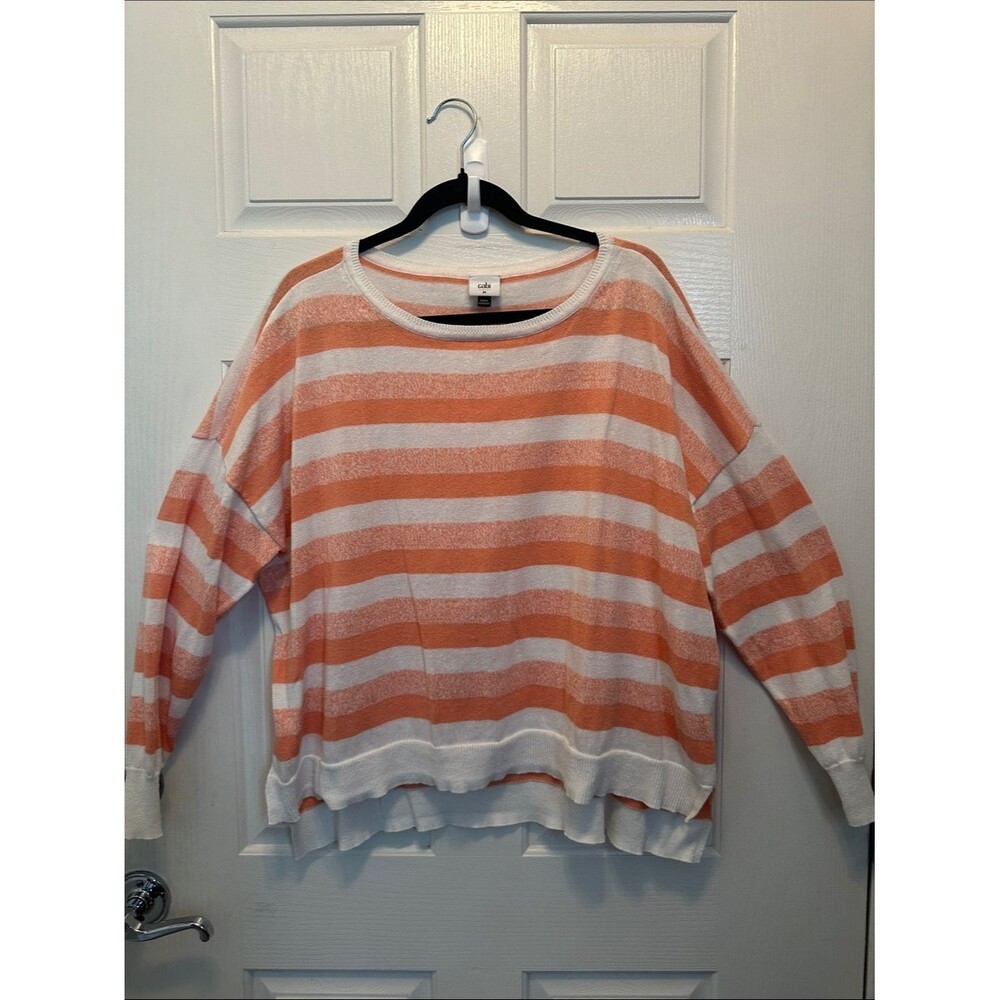 CAbi Peach and Off-White Oversized Striped Scoopneck Sweater Linen Blend Size M